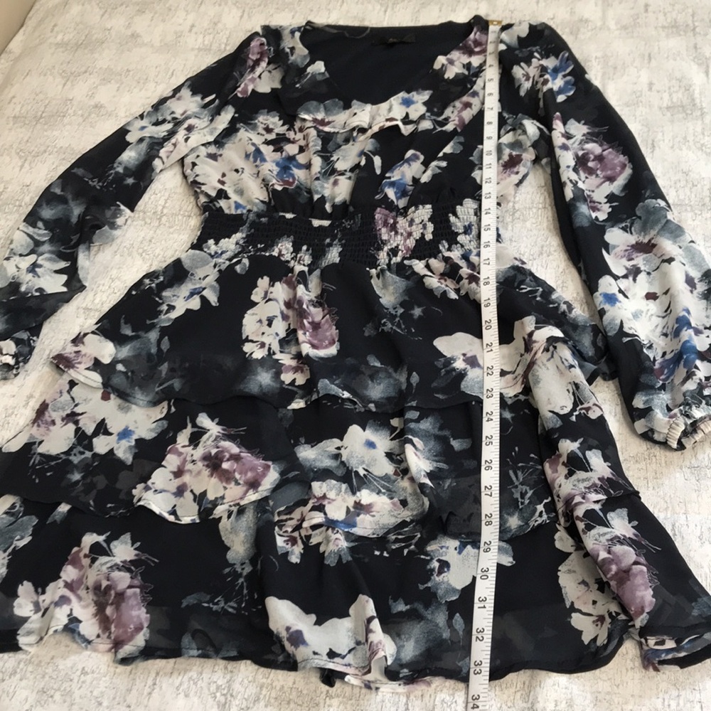AKA Floral Mini Dress, Sapphire Blue Dress with Tiered Ruffles; Long Sleeve; XS - Picture 14 of 16